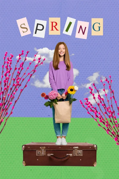 新鮮な春の花を持っているかわいい子供の笑顔の創造的な3D雑誌のコラージュイメージショッピング孤立した絵画の背景 — ストック写真