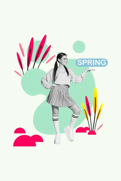 Metáfora Foto Colagem Jovem Ensino Médio Menina Celebrando Primavera Temporada — Fotografia de Stock