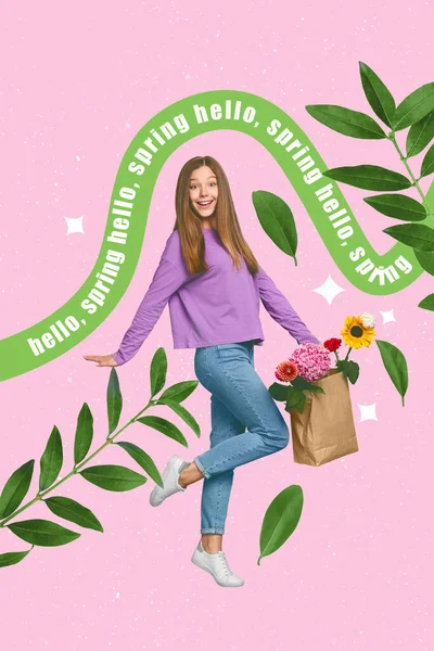 Colagem Vertical Jovem Menina Bonito Sonhador Andar Rua Desfrutar Flor — Fotografia de Stock