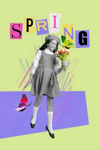 Foto Vertical Ilustración Collage Adolescente Chica Celebrar Fresco Tulipanes Ramo — Foto de Stock