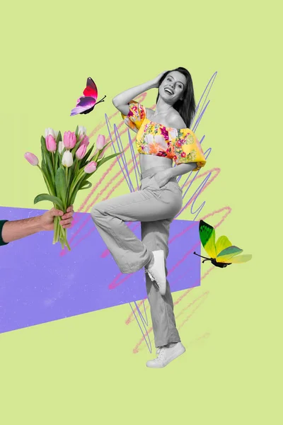 Collage Illustration Verticale Jolie Jeune Femme Recevoir Bouquet Frais Profiter — Photo