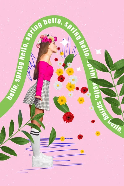 Vertikale Collage Entzückende Freundin Küssen Blumen Fallende Luft Genießen Grüne — Stockfoto