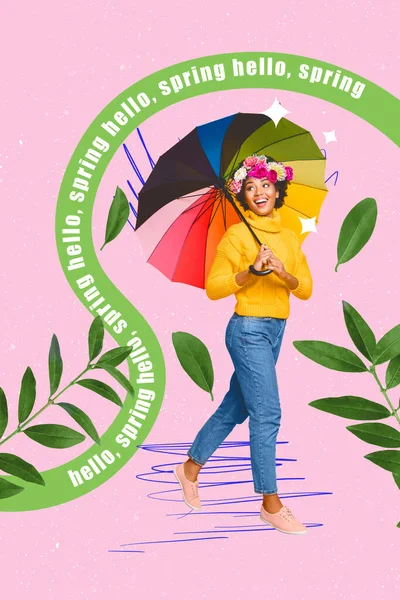 垂直拼贴可爱的女孩享受绿色的自然春天里散步的街道带着雨伞 戴着花环 有创意的背景 — 图库照片