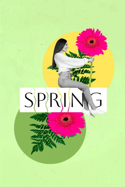 Perfil Vertical Foto Collage Chica Cómoda Posición Celebrar Gran Primavera —  Fotos de Stock