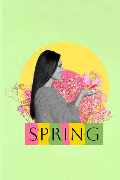 Vertical Profile Collage Stunning Girl Stand Spring Word Hold Pink — Stock Photo, Image