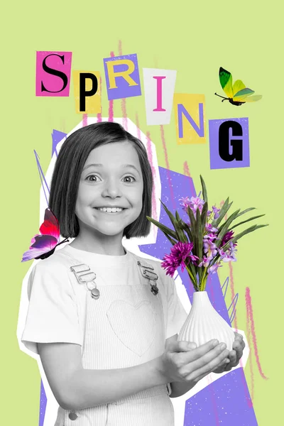 Vertical photo collage of little school girl hold flower composition in porcelain vase arts lesson task green creative colors background.
