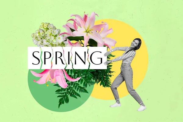 Pionowe Zdjęcie Collage Girl Zabawy Trzymać Push Duże Wiosna Słowo — Zdjęcie stockowe