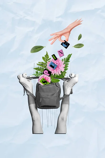 写真漫画スケッチ女性の足のコラージュ画像は 花のスクールバッグを収集するローラーを身に着けている孤立した図面の背景 — ストック写真