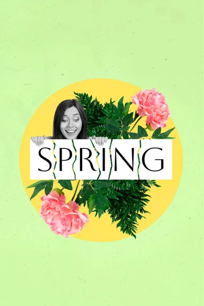 面白い若い女の子の垂直ポスターコラージュホールドダウン大きな春の言葉囲まれた花緑の組成アートワーク — ストック写真