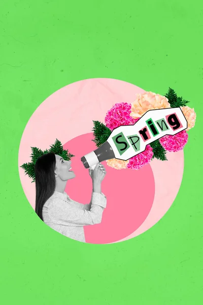 Vertical Profile Artwork Photo Collage Excited Girl Shouting Big Spring — Stock Photo, Image