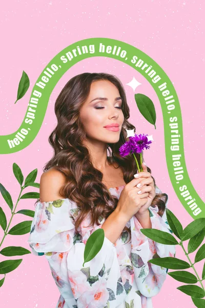 Collage Vertical Imagen Impresionante Hermosa Chica Inhalando Flor Púrpura Aromat —  Fotos de Stock