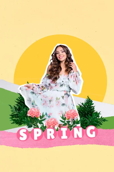 Photo Collage Artwork Minimal Picture Happy Adorable Lady Enjoying Spring — Stock Photo, Image