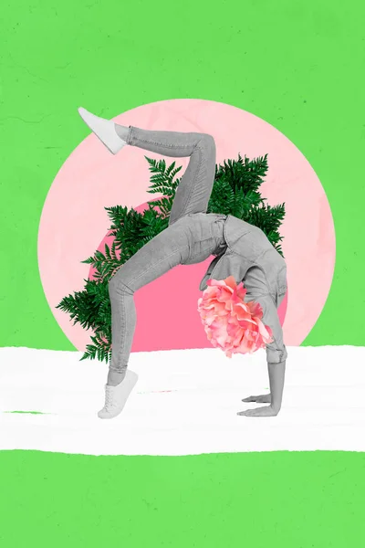 Collage Pin Pop Retro Schets Afbeelding Van Sportieve Dame Stretching — Stockfoto