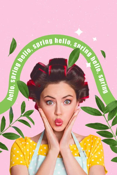 Vertical Collage Picture Funny Housewife Retro Style Girl Doing Perming — Stock Photo, Image