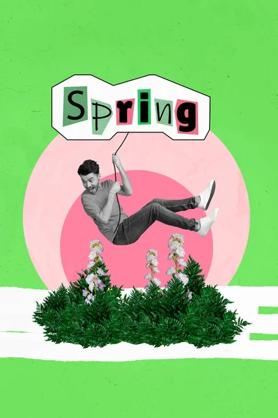 排他的な雑誌の画像スケッチコラージュ興奮ファンキーな男ハングロープ落下春の花分離絵画の背景のイメージ — ストック写真
