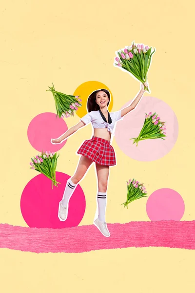 艳丽多彩的拼图照片年轻有趣的女士跳到高处 举行了许多郁金香国际妇女日庆祝活动 — 图库照片