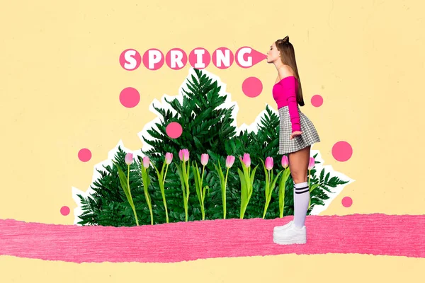 Foto Collage Junge Schlanke Form Mädchen Weht Frühling Wort Aus — Stockfoto