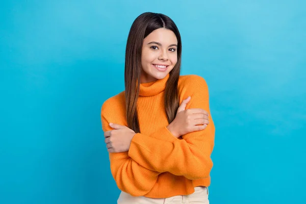 stock image Photo of sweet positive girl toothy smiel hands touch hug shoulders isolated on blue color background.