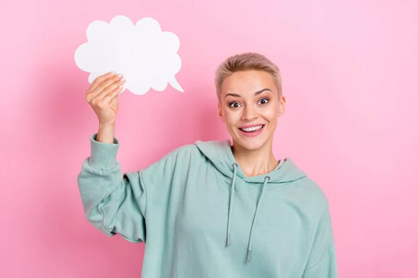 Photo Portrait Lovely Young Lady Hold Paper Cloud Comics Speech — Stock Photo, Image