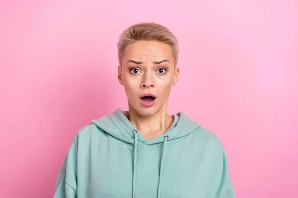 Photo Portrait Lovely Young Lady Scared Astonished Bad News Open — Stock Photo, Image