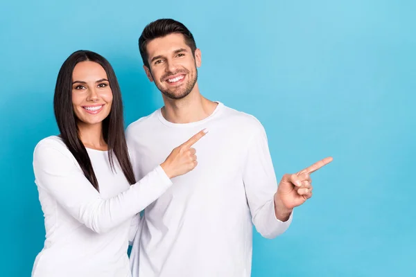 Photo Two Cheerful Positive People Indicate Fingers Empty Space Offer — Stock Photo, Image