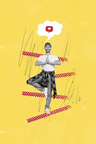 창조적 노란색 콜라주 포스터에는 긍정적 남자의 기현이서 있습니다 — 스톡 사진