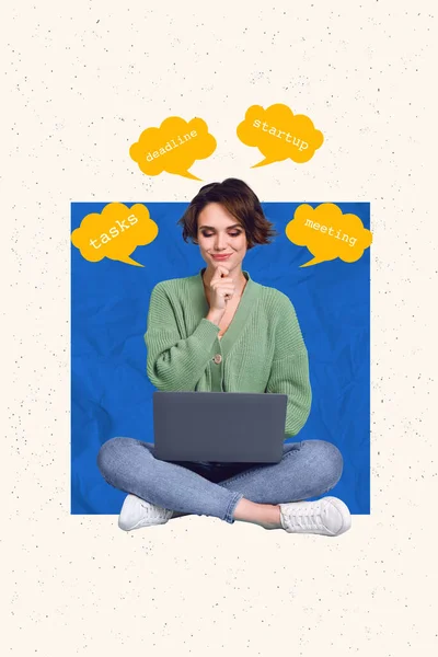 Kolaj Fotoğrafı Posteri Resmi Çalışkan Bir Kız Çevrimiçi Çalışıyor Boyalı — Stok fotoğraf