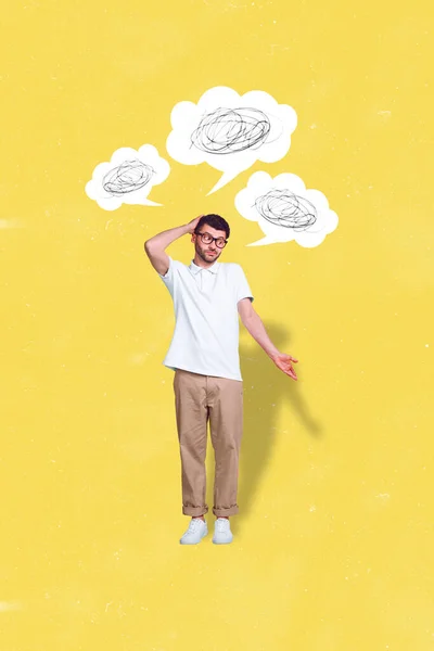 Вертикальное Изображение Коллаж Фото Плакат Мыслящего Мужчины Пожимающего Плечами Знаю — стоковое фото