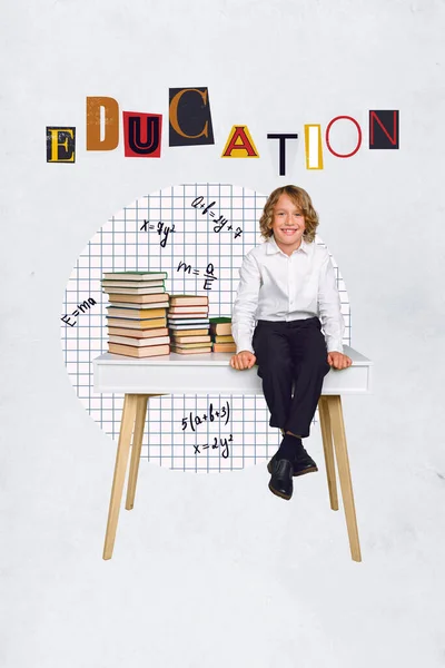 コラージュ写真画像ポスターの小さな未就学児勤勉な生徒の絵の背景に隔離された数学演習を解決 — ストック写真
