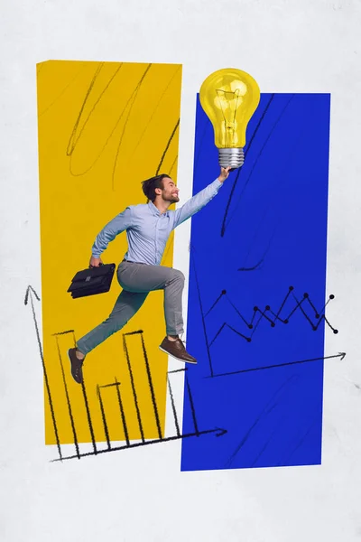 創造的な青黄色のコラージュポスターバナー画像持続的な男の写真先に行く絵の背景に孤立夢に到達 — ストック写真