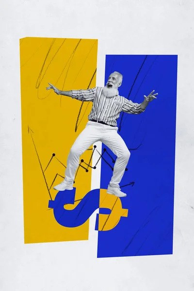 3Dレトロ抽象的な創造的なアートワークテンプレートコラージュ面白い男の上昇大きなドル記号孤立した絵画の背景 — ストック写真