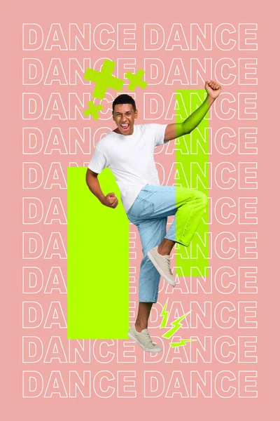 垂直コラージュ画像の恍惚喜び男上げる拳ダンス孤立した上に創造的な絵の背景 — ストック写真
