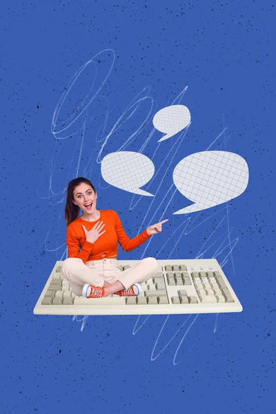 Vertical Creative Photo Illustration Collage Ecstatic Satisfied Girl Sitting Keyboard — Stock Photo, Image