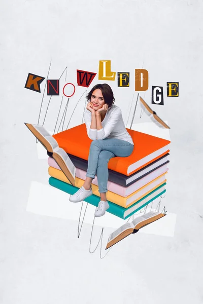 Vertical Creative Photo Collage Positive Girlish Woman Sitting Big Book — Stock Photo, Image