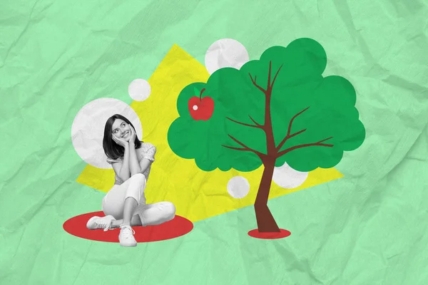 Kreativ Bild Mall Collage Ung Dam Drömmer Växande Äppelskörd Träd — Stockfoto