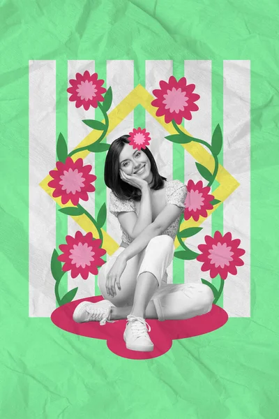 Lkbahar Bahçesinde Gerçeküstü Çiçekler Yetiştiren Büyüleyici Genç Bayanın Yaratıcı Afişi — Stok fotoğraf
