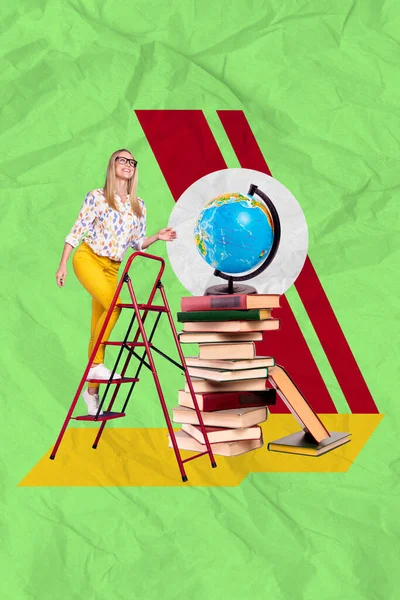 Verticale Collage Foto Van Zwart Witte Kleuren Meisje Klimmen Ladder — Stockfoto