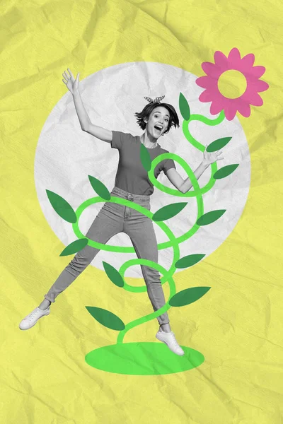 Colagem Imagem Desenho Criativo Funky Jovem Senhora Emaranhado Planta Liana — Fotografia de Stock