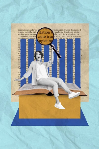Plakát Magazin Kollázs Funky Fiatal Hölgy Tanuló Tankönyv Segítségével Nagyító — Stock Fotó