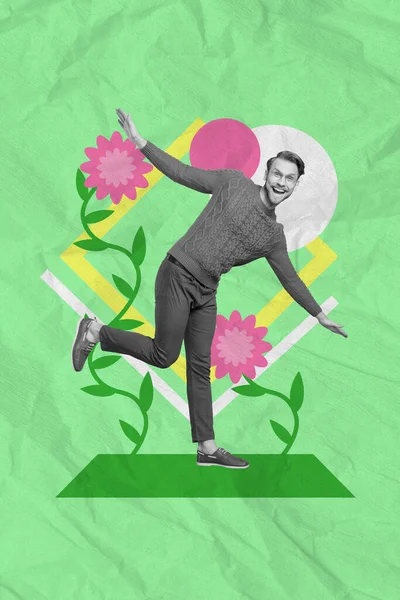 画图片模板拼贴的时髦无忧无虑的小伙子享受春天的绿色花卉植物 — 图库照片