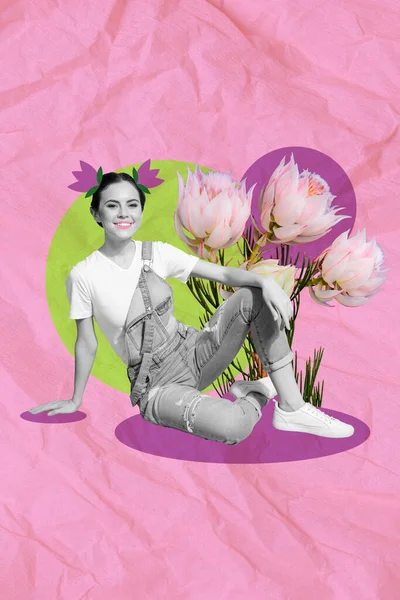 Revista Imagen Pintura Collage Funky Joven Dama Sentado Con Jardín —  Fotos de Stock