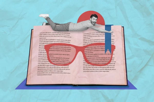 Creative collage picture of mini positive black white effect guy top huge opened book painted glasses isolated on blue background.