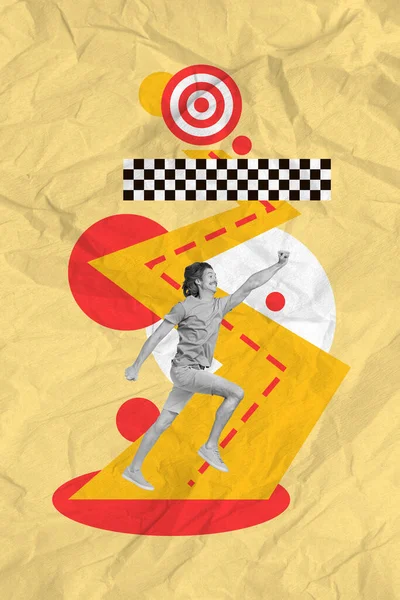 Δημιουργική Αφίσα Κολάζ Της Αποφασιστικότητας Νεαρός Τρέχει Γρήγορη Διαδρομή Κατευθύνει — Φωτογραφία Αρχείου