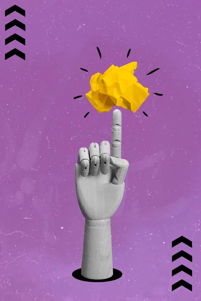 Artwork Image Časopis Koláž Dřevěné Ruky Ukazuje Žluté Zmačkaný Papír — Stock fotografie