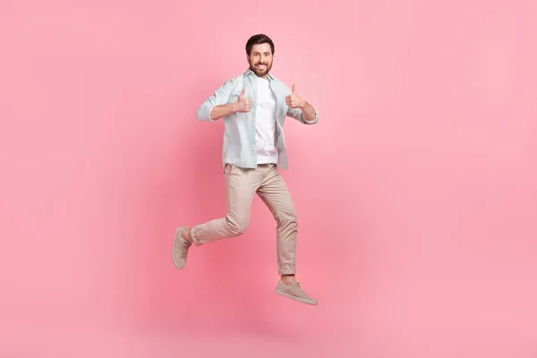 Full Length Photo Cool Confident Guy Dressed Teal Shirt Jumping — Stock Photo, Image