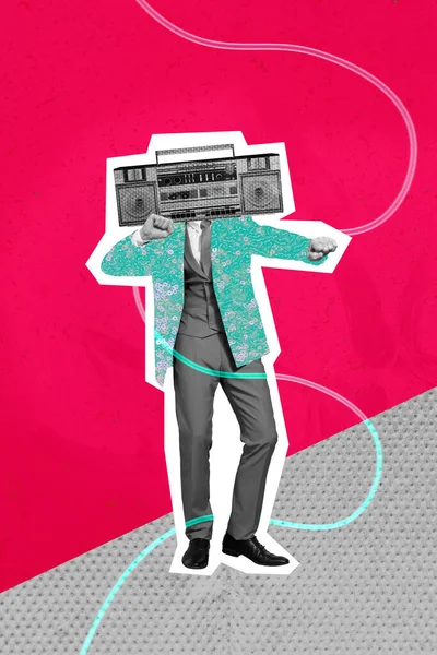 创意模板迪斯科舞厅拼贴概念无头男人穿绅士西服包厢听音乐复古派对与粉红背景隔离 — 图库照片