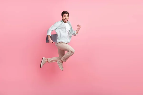 Full Length Photo Cool Excited Guy Dressed Teal Shirt Jumping — Stock Photo, Image