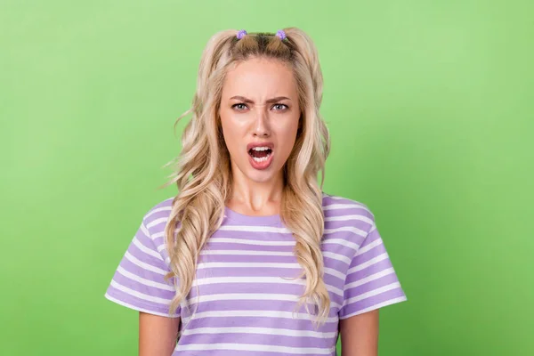 Portrait Serious Angry Pretty Woman Wavy Hairstyle Wear Tabby Shirt — Stock Photo, Image