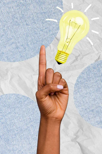 Artwork template picture collage of human arm finger pointing advertising bright light bulb genius idea thinking.