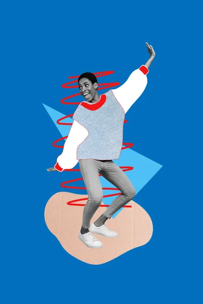学院3D拼图流行复古素描形象时髦微笑的女士有乐趣跳舞孤立的绘画背景 — 图库照片